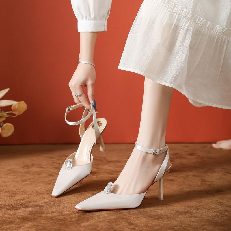 Fashion Spring New Women High Heels Rhinestone French Open Toe Stiletto Sandals Comfortable One Strap Pointed Shoes