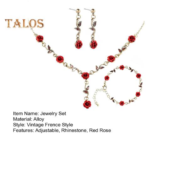 3 Pcs/Set Red Rose Jewelry Set Floral Theme Romance Vintage France Style Valentines Day Mothers Day Present Earrings Adjustable Rhinestone Necklace