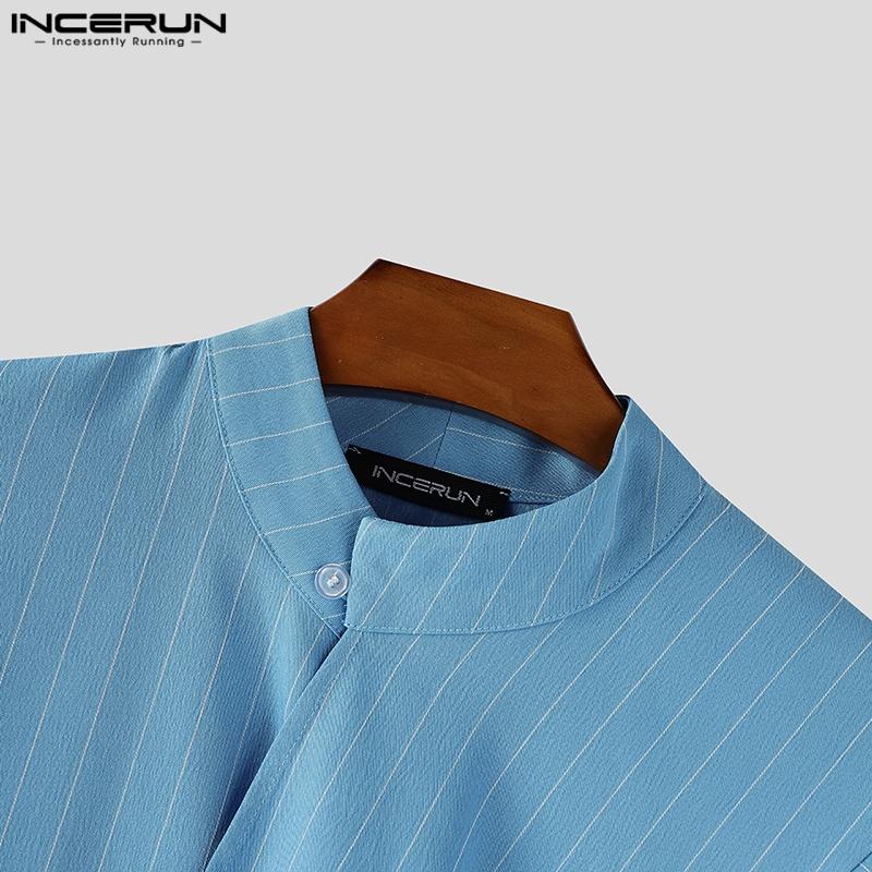 INCERUN Men Stand Neck Half Sleeve Irregular Front Cross Striped Casual Shirts Tops