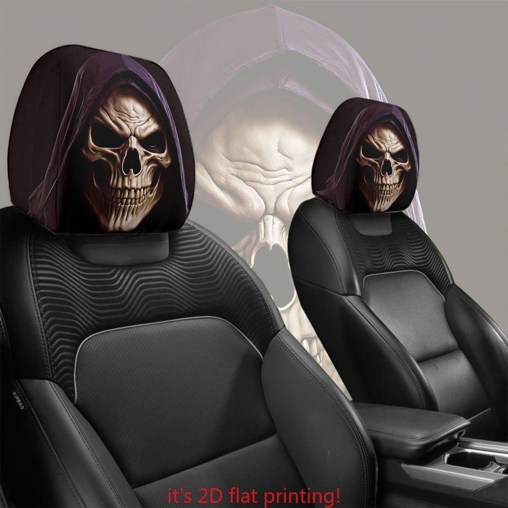 Dark Skull Reaper Printed Car Headrest Covers | 100% Polyester, Universal Fit, Easy Install & Washable | Funny Auto Decor