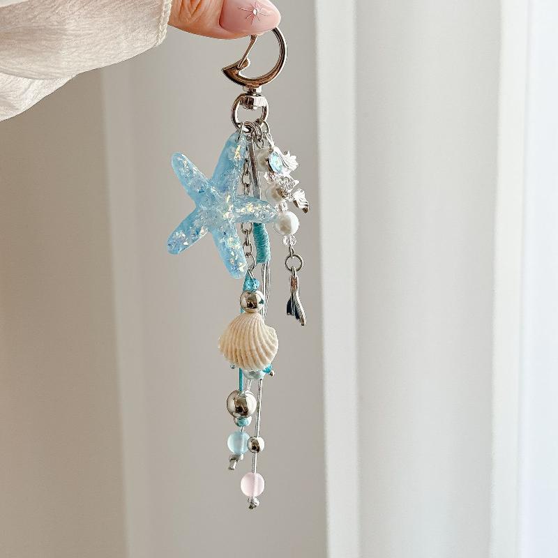 1Pcs Beach Vacation Style Seashell Keychain With Mini House, Starfish, And Ribbon Hanging Accessory, Fresh Summer Bag Charm