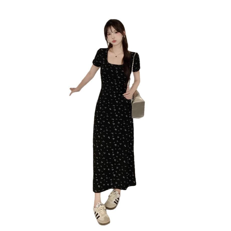 French Floral Short-sleeved Dress Summer New Women's Clothing Black Slim and Thin Temperament Medium and Long Skirt