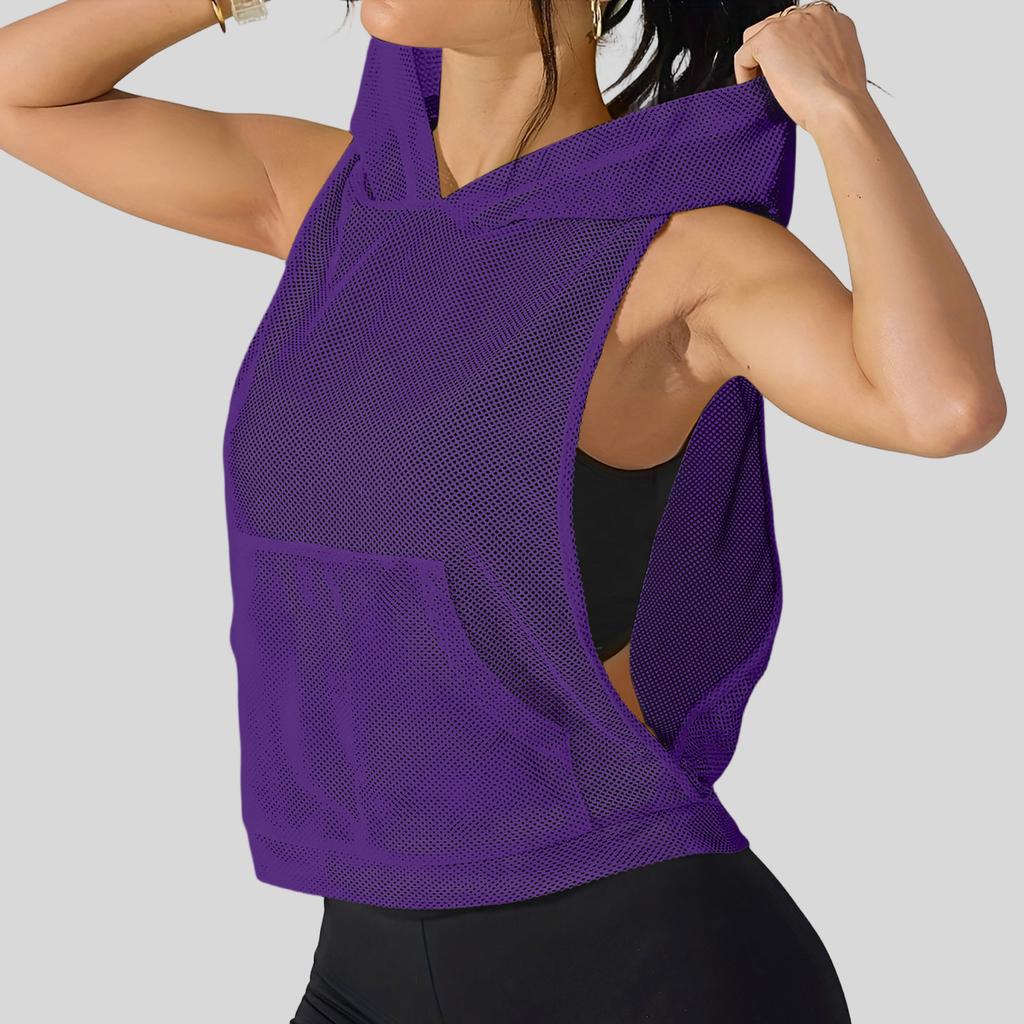 Women Loose Fit Pullover Mesh Hooded Tank Top Lightweight Breathable Fitness Vest Sleeveless Sport Shirt for Gym Yoga Running
