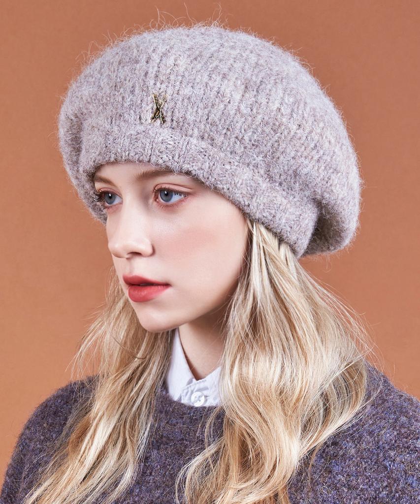 Bajal Studded Logo Wool Knit Beret Mocha