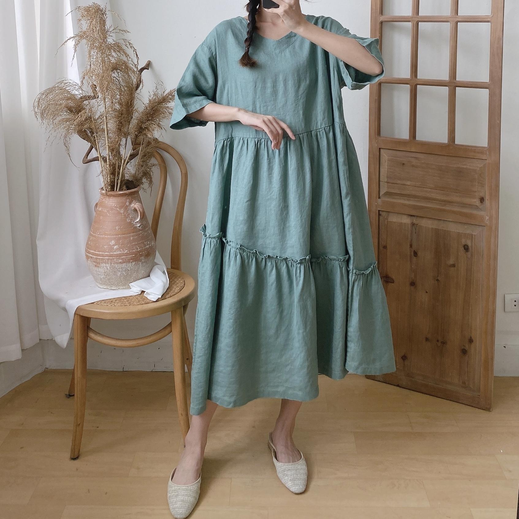 

Johnature винтажные льняные женские простые платья, летние повседневные однотонные свободные женские платья One Size синий