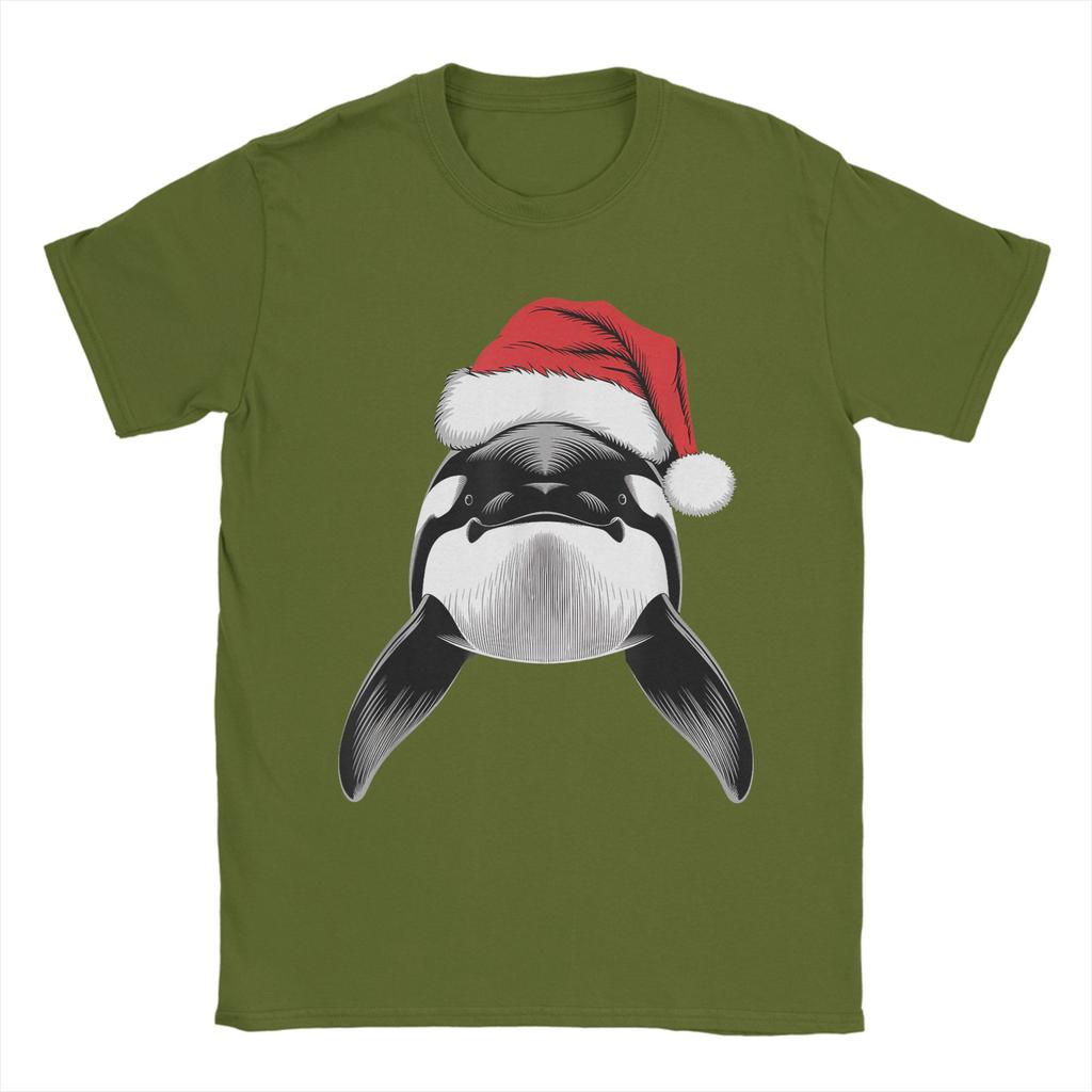 Joyful Orca Santa on Orca Christmas Men's T Shirts  Funny Tees Short Sleeve Crew Neck T-Shirts Cotton Summer Clothing