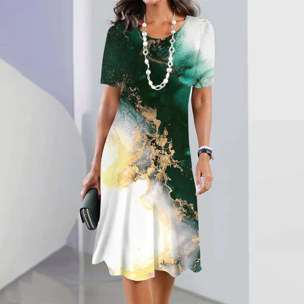 Rundhals Print Blumenkleid Taillenbetontes Elegantes Kleid für Damen Kurzarm Lockere Kleider Causal Kleid