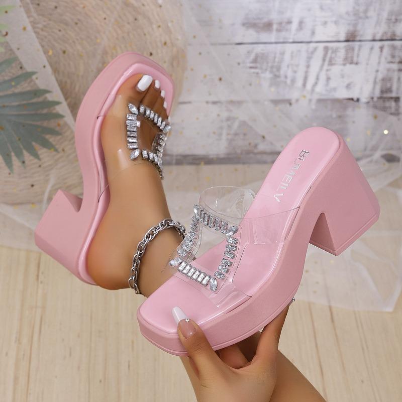 Summer New Arrival Fashion Sequined Strappy Sandals with Rhinestones Thick-Soled High-Heel Sandals Women's Outdoor Sandals