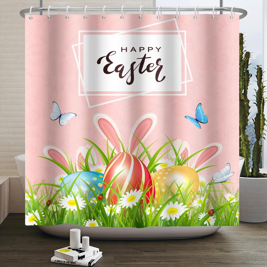 Spring Easter Shower Curtain Happy Rabbit Bunny Eggs Flower Garden Floral Holiday Waterproof Bathroom Shower Curtain With Hooks
