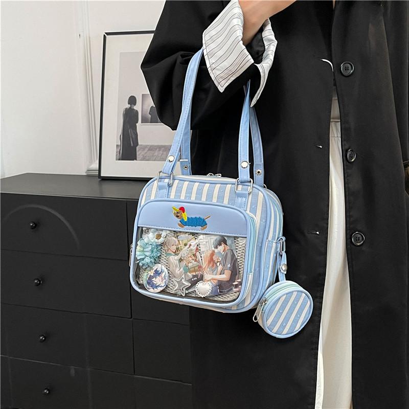 New Kawaii Women Ita Crossbody Tote Bag Clear Nylon Plaid Small Shoulder Bag JK Girls Pin Display Handbag With Circle Pocket