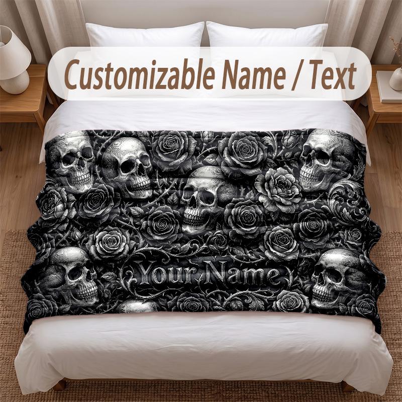 Skull Gothic Theme Soft Blanket Personalized Custom Name Text Print Warm Blanket Home Sofa Bedroom Decor