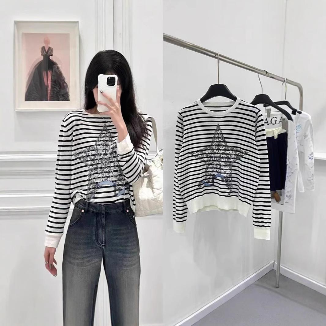

2025 Spring/Summer Floral Star Stripe Knit Sweater: Elegant, Versatile, Round Neck, Color Block Long Sleeve Medium світло-жовтого кольору
