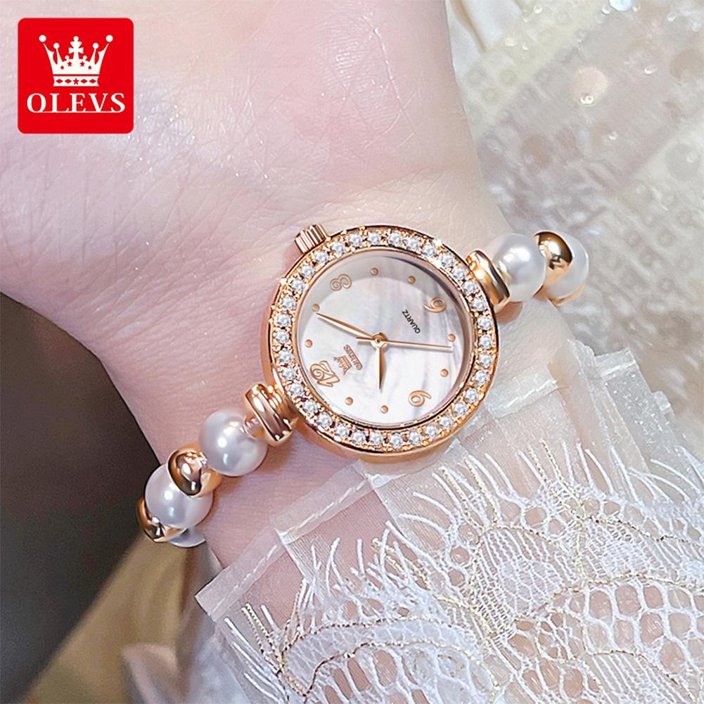 OLEVS Damen Uhr Mode Elegantes Perlenarmband Armbanduhr für Damen Luxus Diamantlünette Wasserdicht Damen Quarzuhren 5640