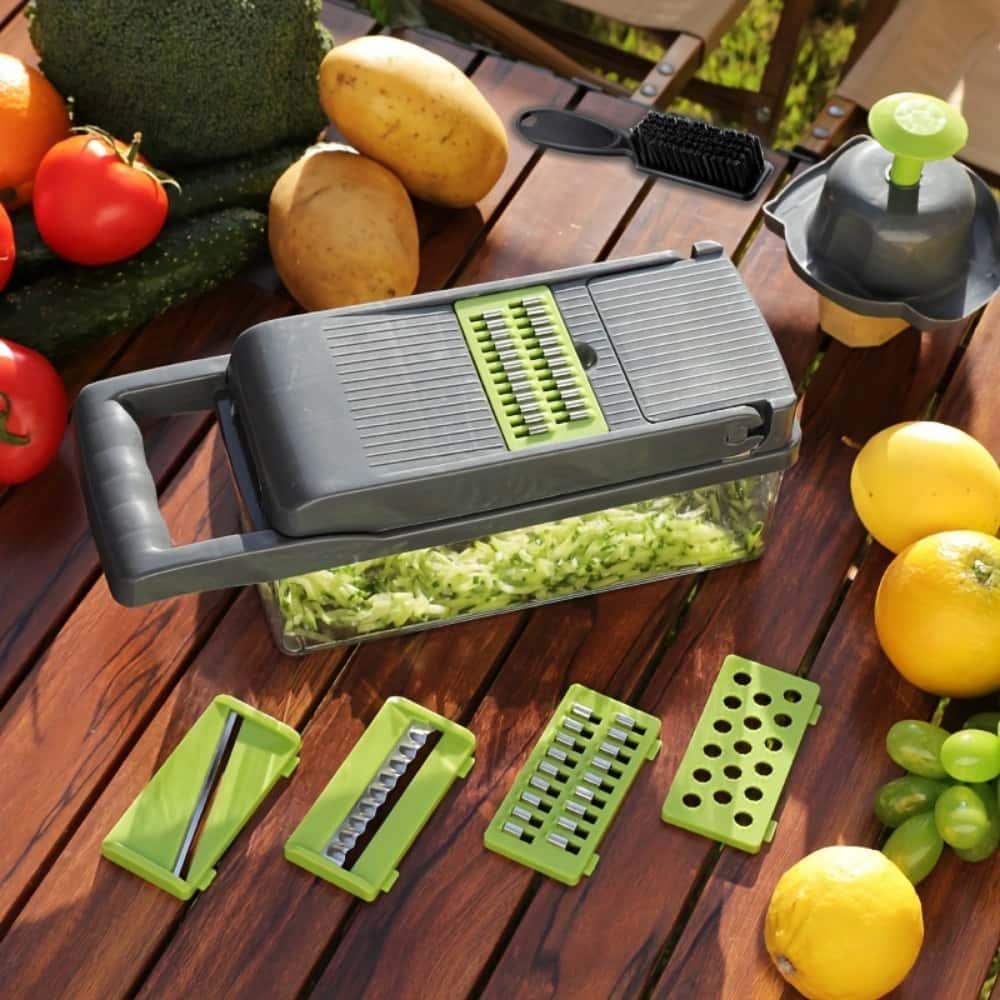 Multifunktionale Gemüsereibe, Manuelle Lebensmittelreibe, Obstschneider, Gemüseschneider, Schneider mit Behälter, Reinigungsbürste und 8 Klingen