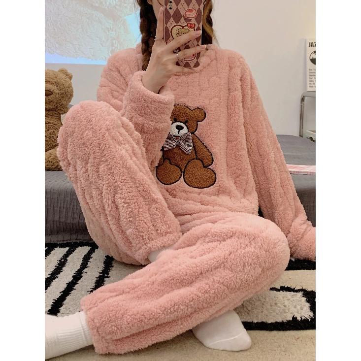 

Вышитая пижама из кораллового флиса с мишкой, Экстра утолщенный флис XS розовый