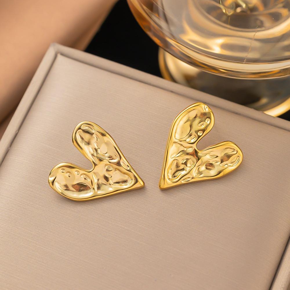 Stainless Steel Hammer Wrinkles Love Heart Stud Earrings For Women Gold Color Fashion Ear Jewelry Birthday Party Gifts New In