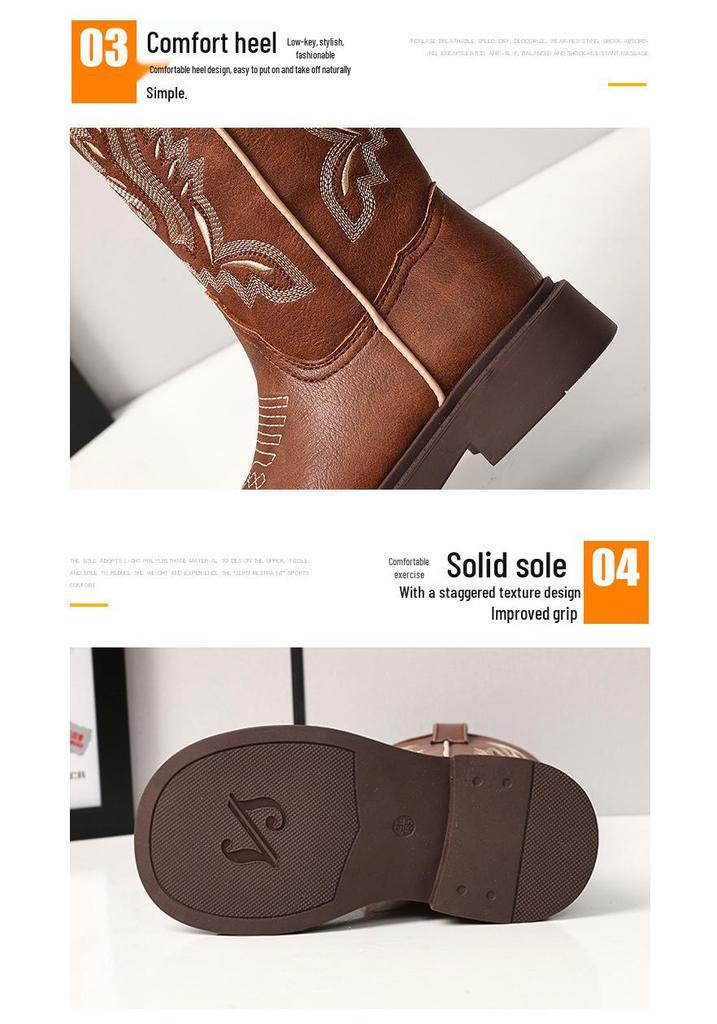 Children's Retro Brown Embroidered Chelsea Boots - Soft Sole Mid-Calf Denim Leather for Girls