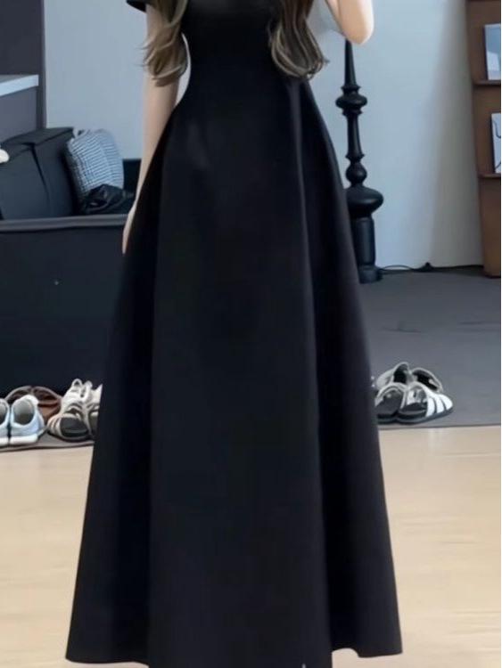Women's French Retro Hepburn Style Black Summer Dress - Slimming Waist-Cinching Long Dress