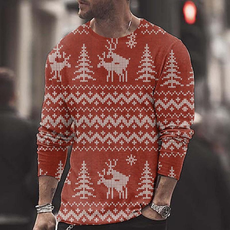 Summer Round Neck Christmas 3D Print Top Fashionable Casual Long Sleeved Men's T-shirts