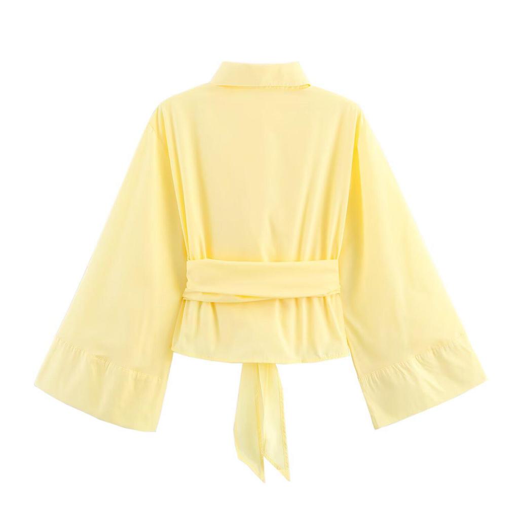 2025 Spring Women's Double-Breasted Poplin Slim Shirt with Bow Tie - European & American Style