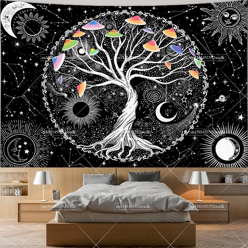 Black And White Moon Sun Tapestries Indian Bohemian Tree Of Life Wall Tapestry Aesthetic Room Decor Mushroom Tarot Tapestrys