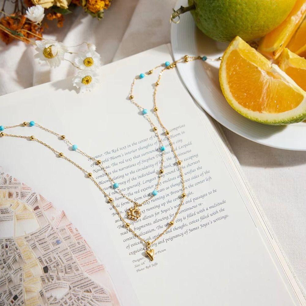 Bohemian 18K Gold Plated Necklace Stainless Steel Double Stacked Neck Chain Sun Pendant  Beach