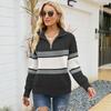 Autumn and winter women's fashion striped color blocking knit sweater long sleeve zipper lapel sweater