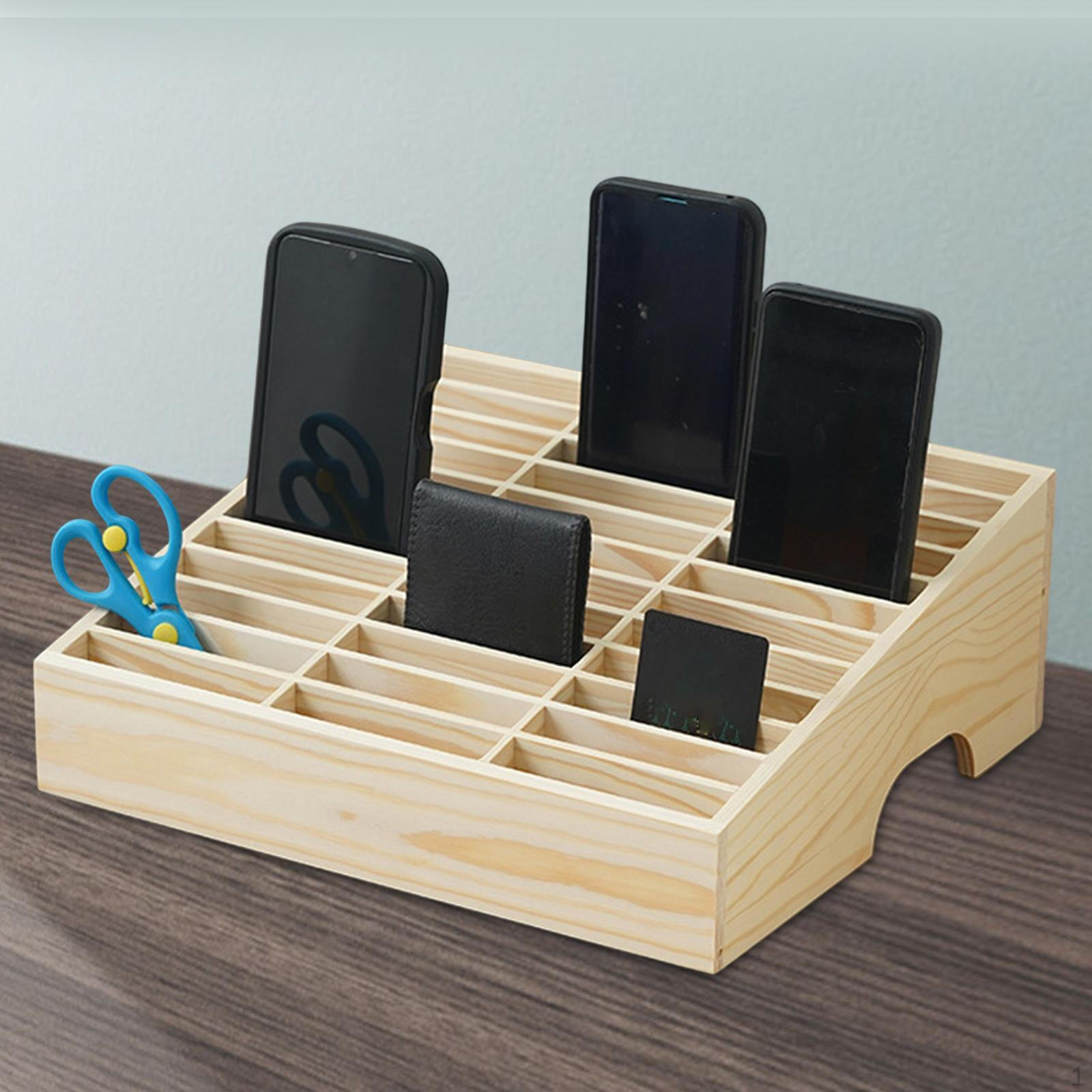 

Cell Phone Storage Box, 24 Compartment Desk Organizer, Rectangular, Made of [Material], Wooden color