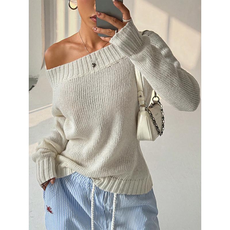 Women's Sweater Autumn Winter Ventilate Fashion Solid Color Rib Knit Long Sleeve One-Shoulder Casual Sweater