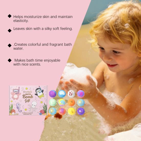 12Pcs Ocean-Themed Bath Bombs with Animal Toys Fizzy Colorful Bubble Balls for Kids Natural Sea Salt Essential Oils Moisturizing Skin-Softening Fun