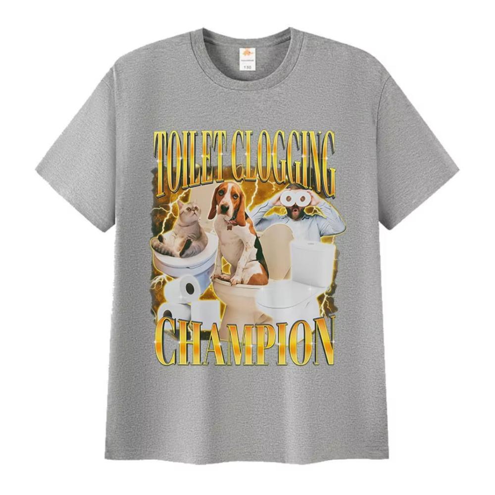 Toilettenverstopfungs-Champion Lustige Meme-Grafiken T-Shirt Niedlicher Haustier-Humor Geschenk Kurzarm-T-Shirts Mode Hochwertige Baumwoll-Tees