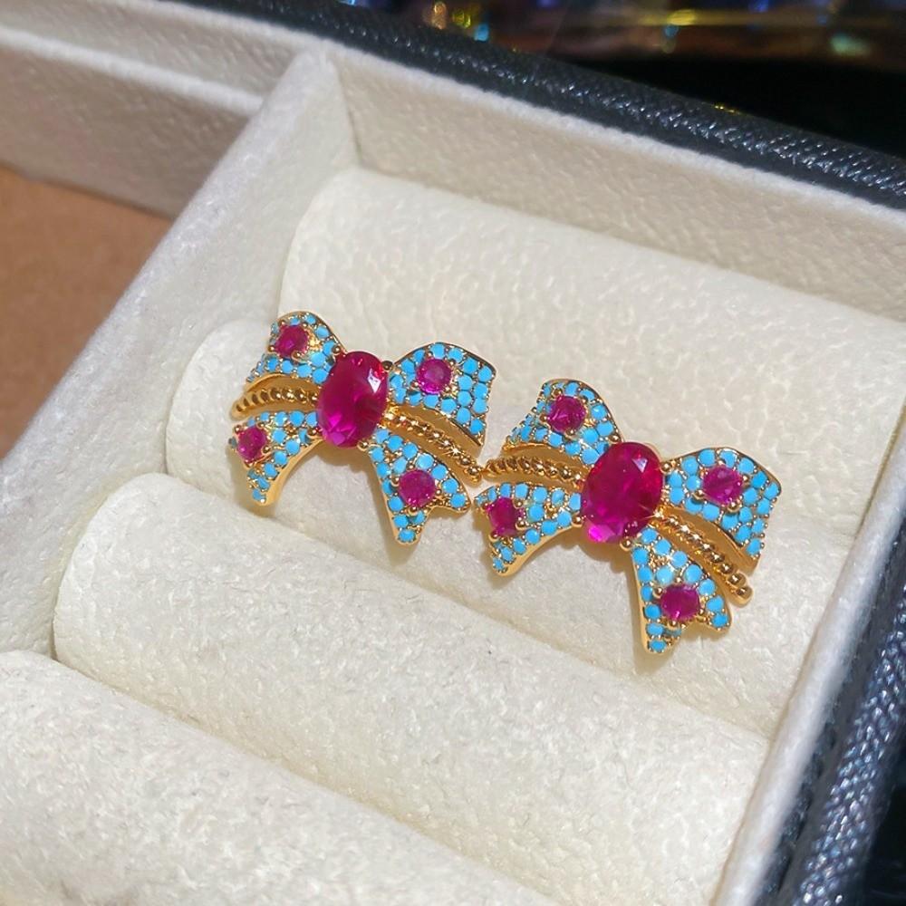 Zircon Korean Style Stud Earrings Blue Pink Bowknot Ear Studs Crystal Bow Earrings  Party