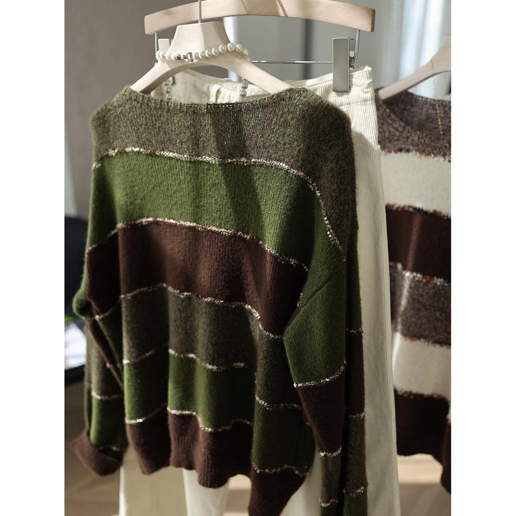 Matcha Chocolate Cashmere Wool Color Block Striped Knit Sweater - Women's Autumn Fashion