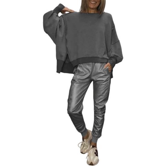 2 Pcs/Set Spring Sweatshirt Pants Suit Slit Hem Long Sleeves O Neck Top