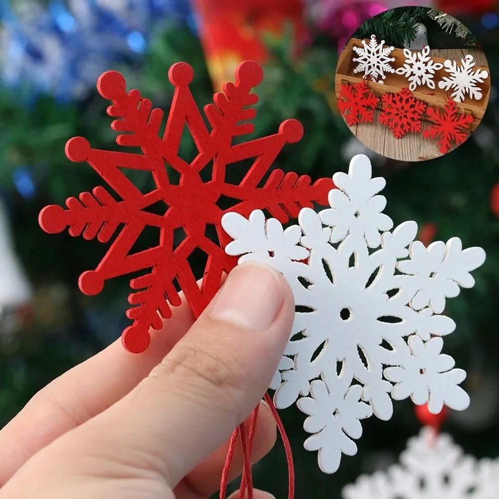 6 Pcs White Red Wooden Snowflakes Christmas Decorations 2024 Xmas Tree Hanging Pendant Home Wall Novelty Ornaments 6.9x6.9CM