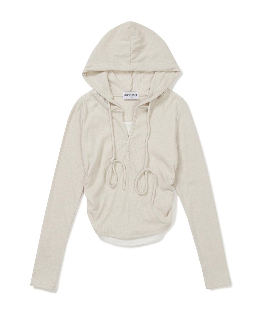 Eva Button Layered Knit Hoodie [Oatmeal]