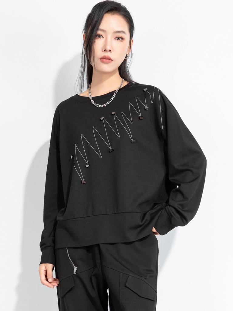 Damen Übergröße T-Shirt im Dark Style mit 3D-Dekoration: Herbst 2025 Koreanischer Lazy Wind Yamamoto-Stil