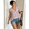 Big Size V-neck Top with Sweet Floral V-neck Ruffled Edge Big Size Chiffon Shirt, Loose Floral Blouse