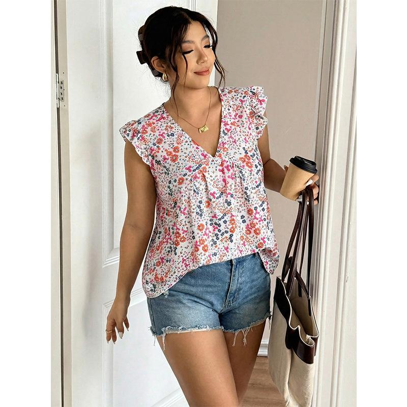 Big Size V-neck Top with Sweet Floral V-neck Ruffled Edge Big Size Chiffon Shirt, Loose Floral Blouse