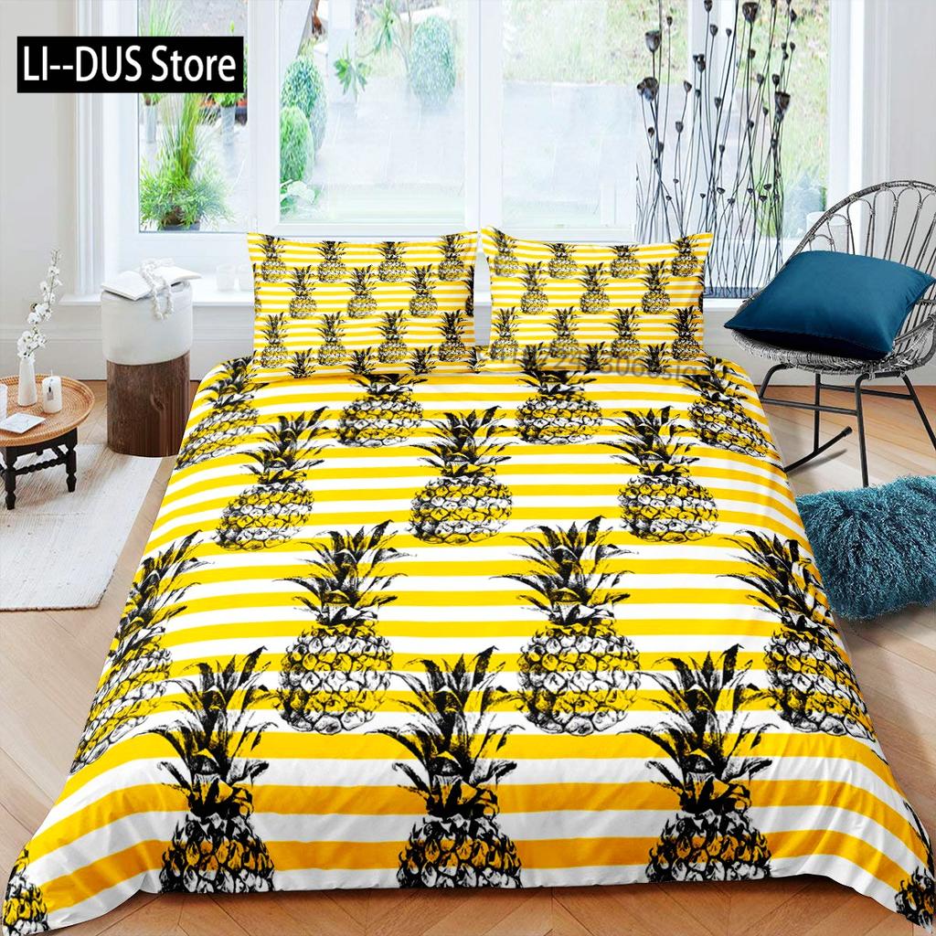 Pineapple Duvet Cover Set Tropical Theme Vintage Style Fruit Pattern Decor 3 Piece Bedding Set with 2 Pillow Shams Full Size