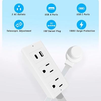 Rallonge de prise électrique à longueur réglable, pivotante à 180°, extensible, prise plate 2 AC USB-A&C