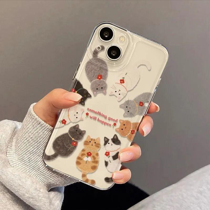 Cartoon Cute Rose Kitten Transparent Phone Case for IPhone 11 12 13 14 15 16 17 Pro Max IPhone 16 15 14 Plus Silicone Soft Cover
