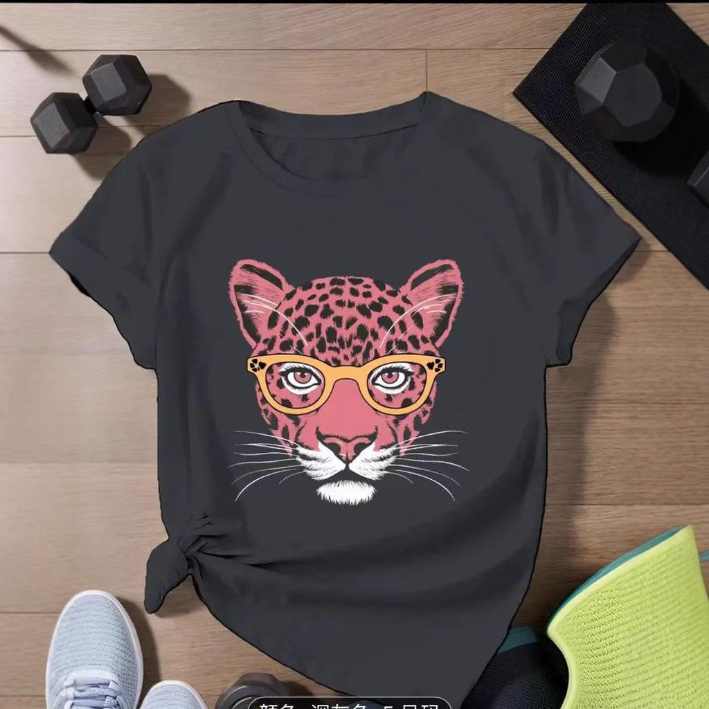 Pink Tiger Print Loose-Fit Cotton T-Shirt - Casual Round Neck, Short Sleeve, Comfortable, Age-Reducing, Personalized Slimming Design