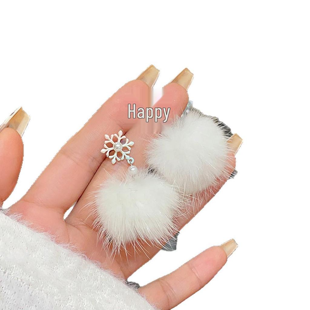 Silver Snowflake Pearl Pompon Earrings - Retro, Versatile, Niche Design