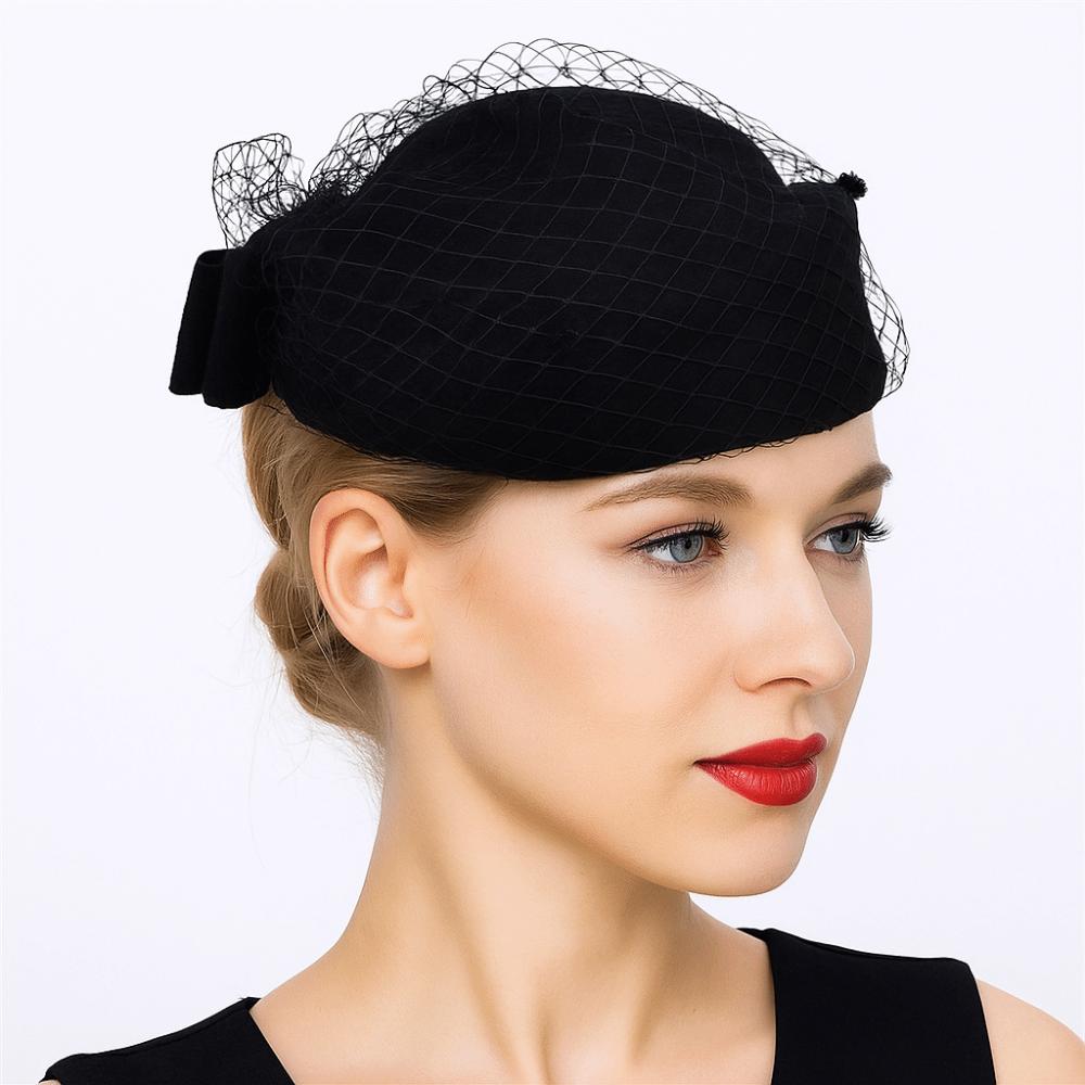 Mesh Pillbox Hat British Style Topper Hat Elegant Wool Bow Hat with Veil  Autumn Winter