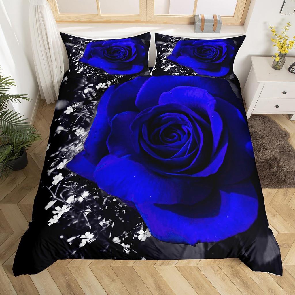 Royal Blue Roses Bedding Set Valentine's Day Flower Duvet Cover Girls Lovers Couple Comforter Cover Floral Polyester Quilt Cover