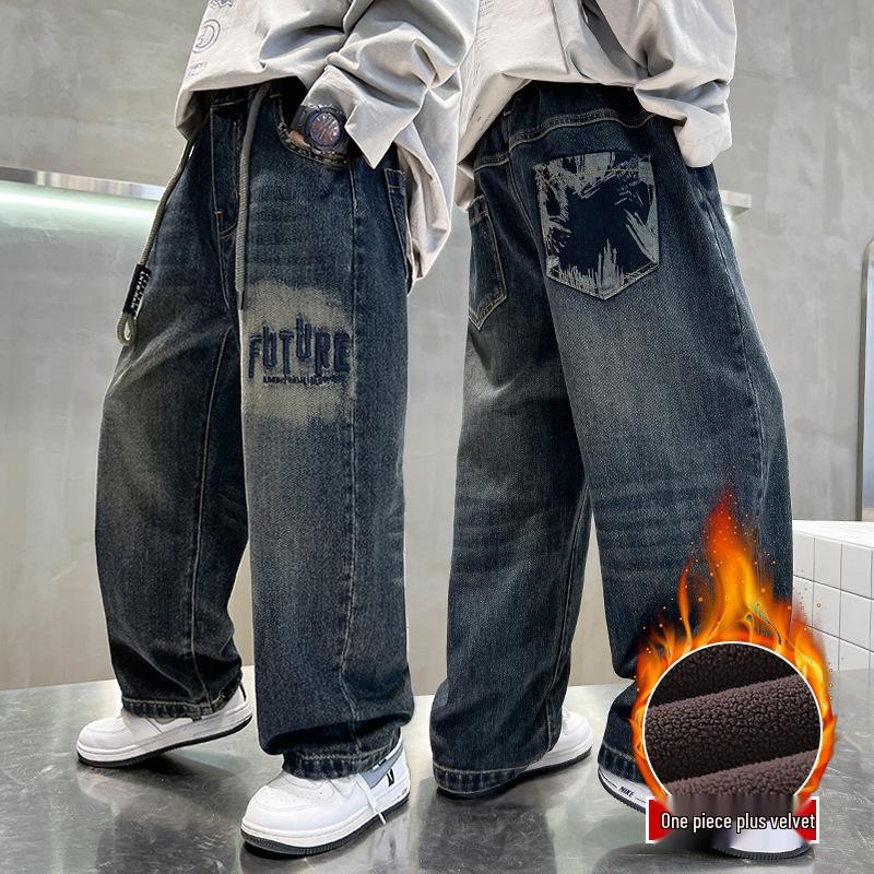 Boys' Fleece-Lined Casual Jeans - Autumn/Winter 2025 Trendy Style for Middle and Big Kids