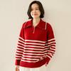 Cashmere Striped Zip-Up Lapel Sweater - New 2024 Autumn/Winter Korean Style Women's Knit Base Layer, Loose & Slimming Fit