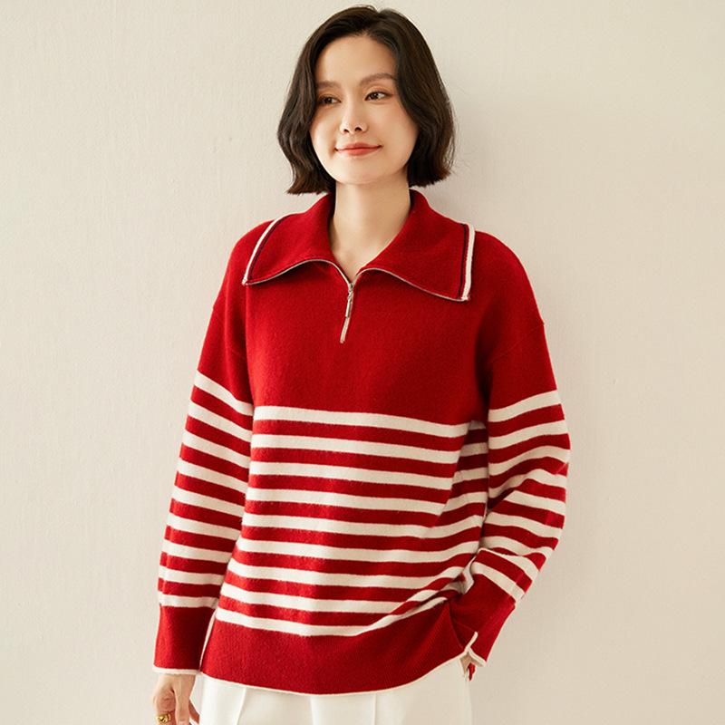 Cashmere Striped Zip-Up Lapel Sweater - New 2024 Autumn/Winter Korean Style Women's Knit Base Layer, Loose & Slimming Fit