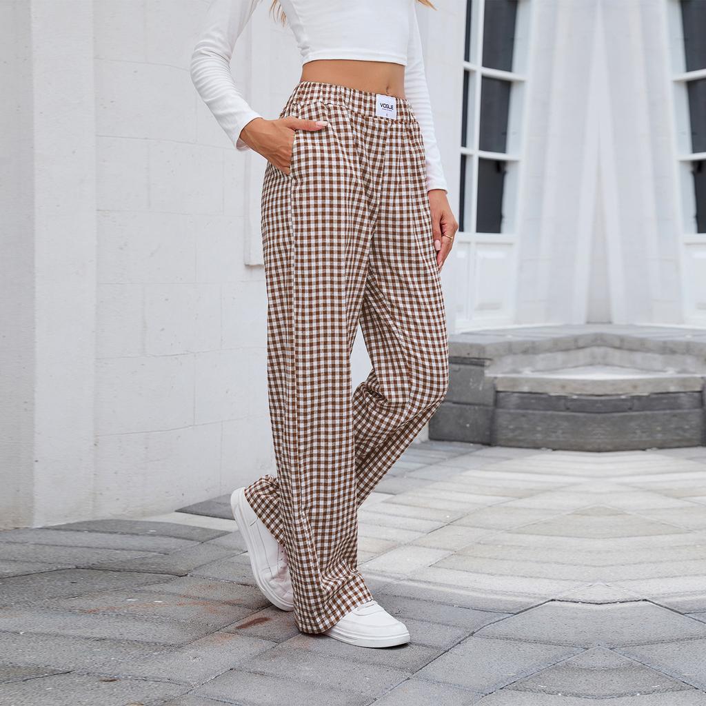 European and American Women's Pure Cotton Plaid Casual Boxer Pants Loose Pocket Trousers